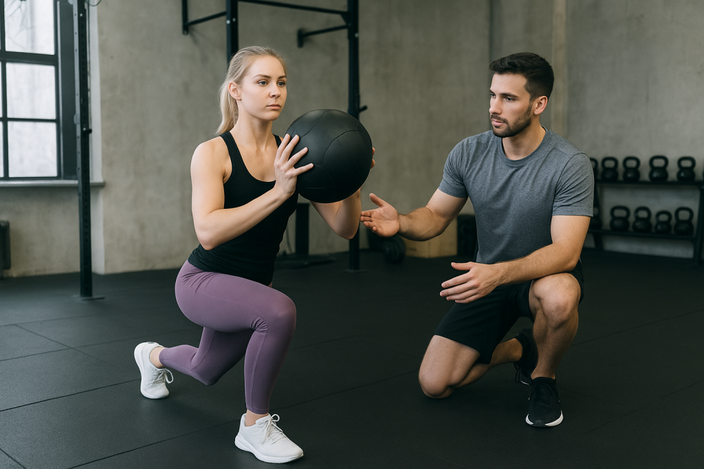 Entrenamiento funcional en Huelva: mujer realizando ejercicio con kettlebell en gimnasio local