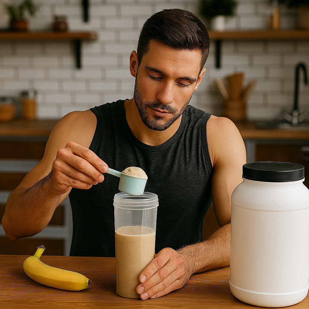 Hombre joven preparando un batido de proteínas en una cocina, con suplemento deportivo y plátano sobre la mesa, en contexto de nutrición para entrenamiento funcional.