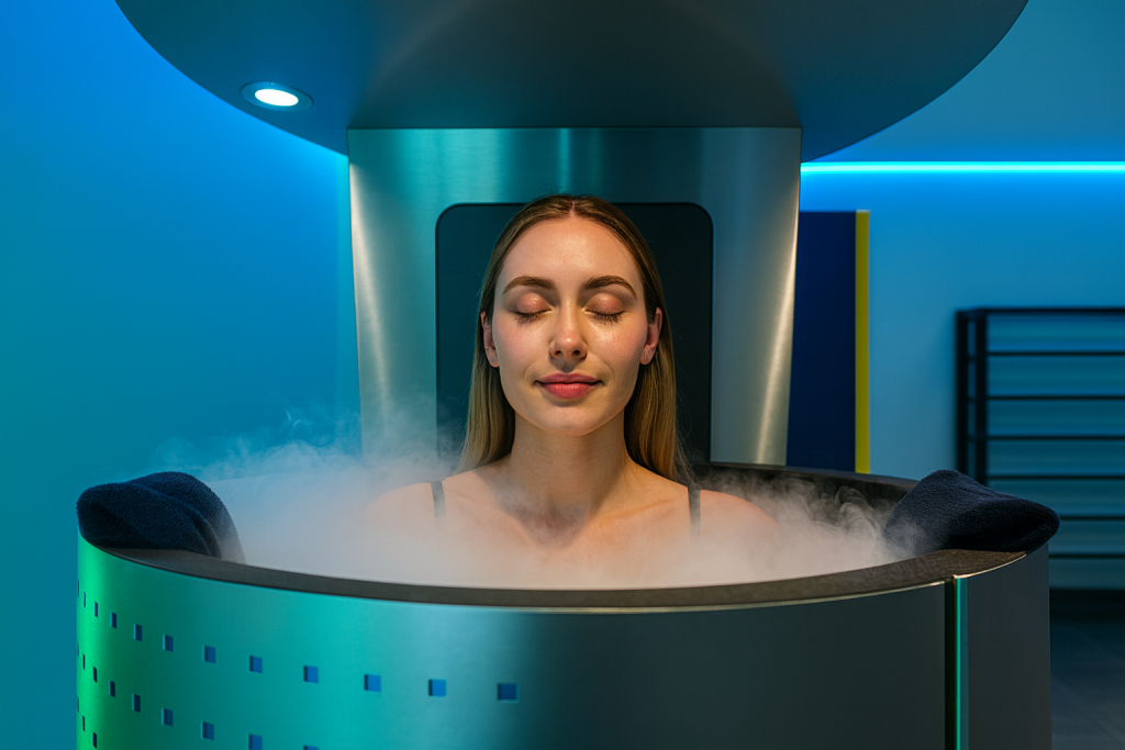 Mujer en una cabina de crioterapia moderna en un gimnasio, rodeada de niebla fría, con iluminación azul y detalles metálicos, ambientada en los colores de SpartanFit.